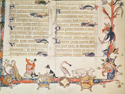 Illustration from a psalter, depicting various figures, a spoonbill, sheep, centaurs and Reynard the Fox by English School